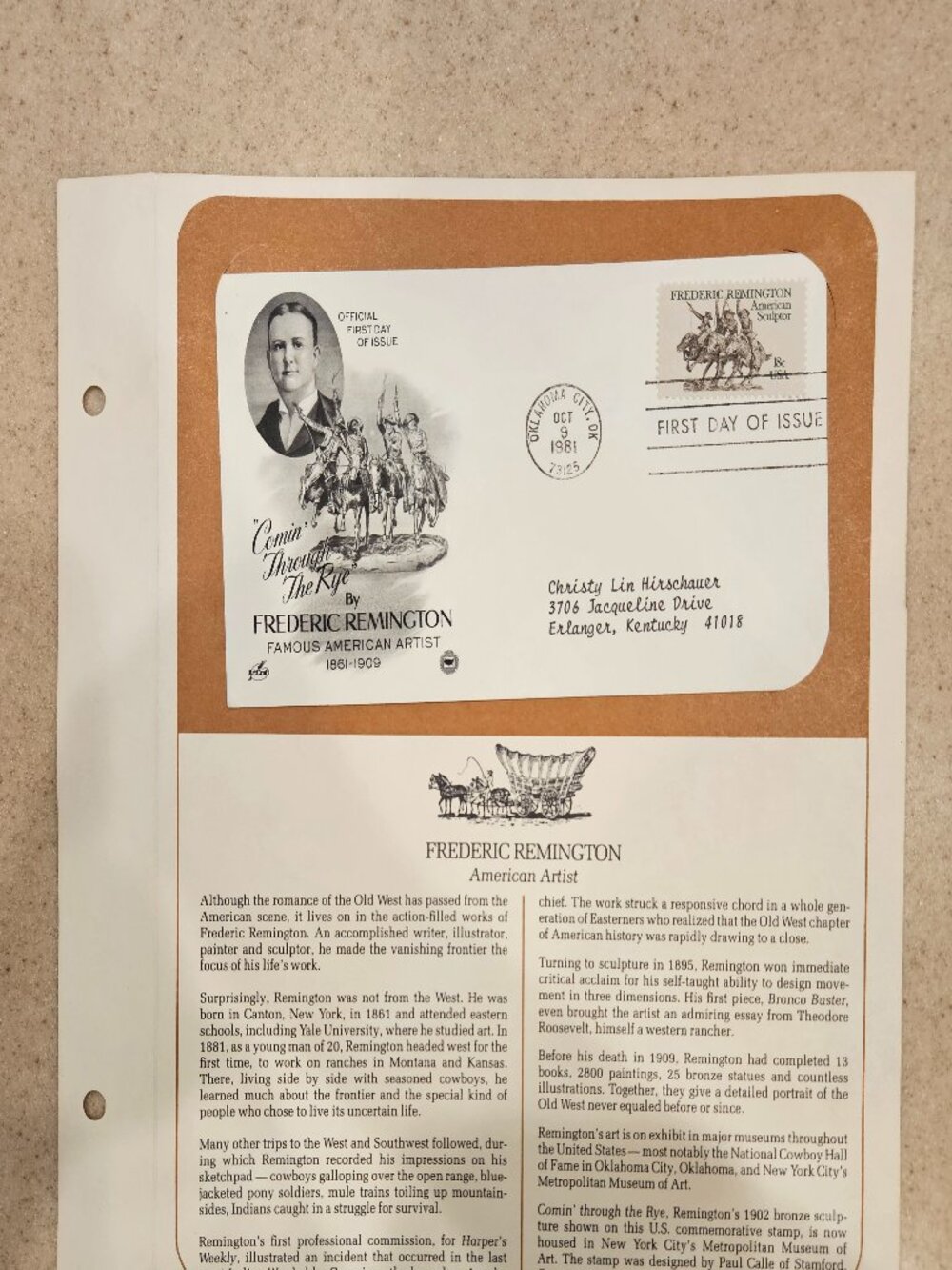 RARE COLLECTIBLE USPS 1ST DAY ISSUE COVER FREDERIC REMINGTON ARTIST STAMP FDC